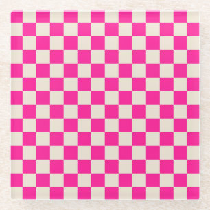 Hot pink and tan checkerboard pattern glass coaster