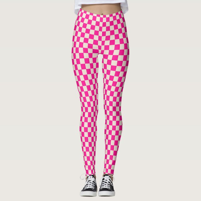 Hot pink and tan checkerboard pattern leggings (Front)