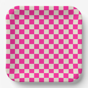 Hot pink and tan checkerboard pattern paper plates