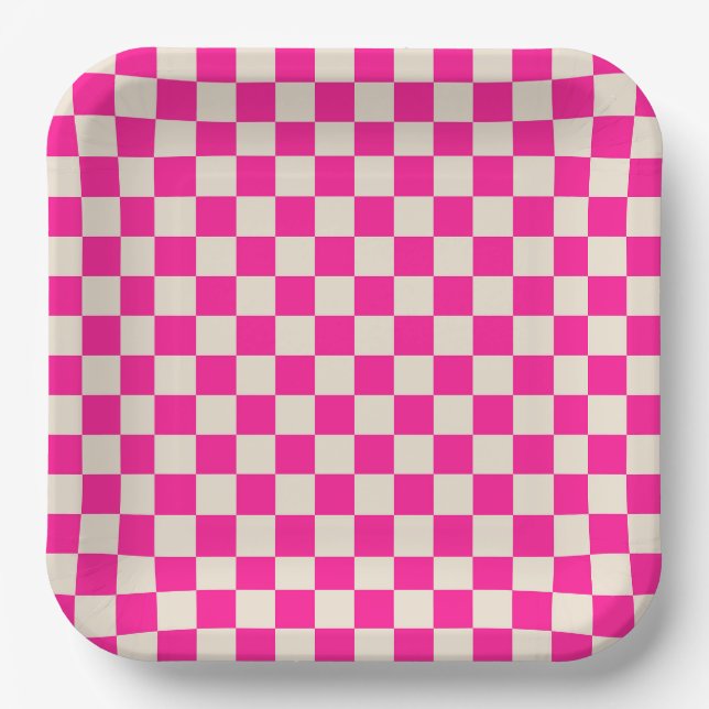 Hot pink and tan checkerboard pattern paper plates (Front)