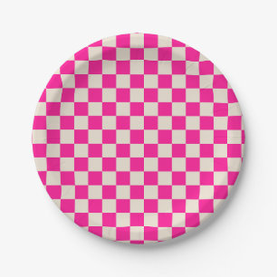 Hot pink and tan checkerboard pattern paper plates