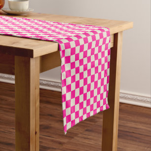 Hot pink and tan checkerboard pattern short table runner