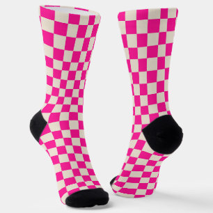 Hot pink and tan checkerboard pattern socks