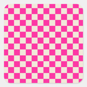 Hot pink and tan checkerboard pattern square sticker