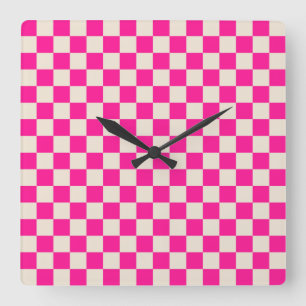Hot pink and tan checkerboard pattern square wall clock