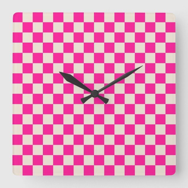 Hot pink and tan checkerboard pattern square wall clock (Front)