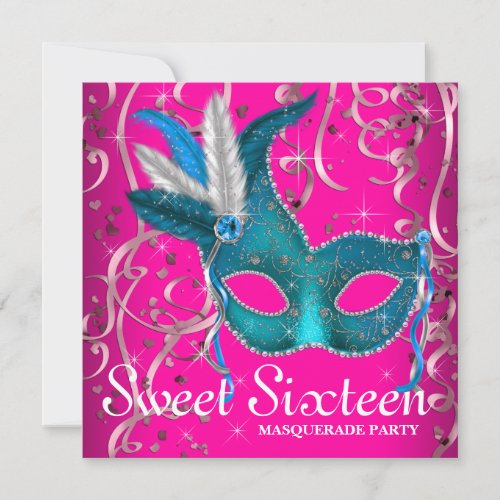 Hot Pink and Teal Blue Sweet Sixteen Party Invitation