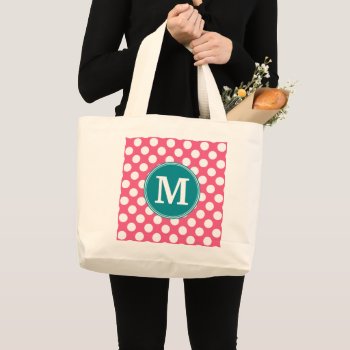 Hot Pink And Teal Polka Dots With Custom Monogram Large Tote Bag by iphone_ipad_cases at Zazzle