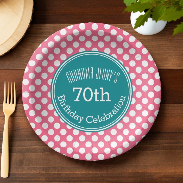 Hot Pink and Teal Polka Dots with Custom Monogram Paper Plates (Custom Paper Plate)