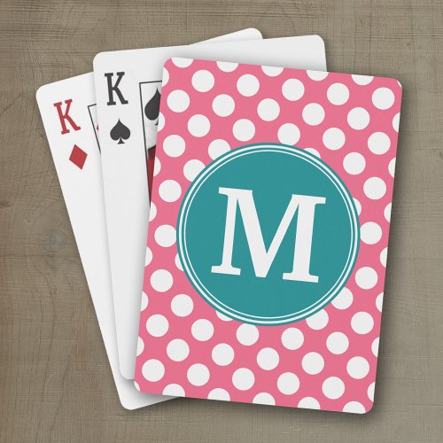 Hot Pink and Teal Polka Dots with Custom Monogram Poker Cards