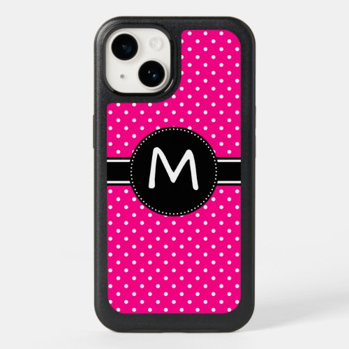 Hot Pink and Tiny White Polka Dot Monogram OtterBox iPhone 14 Case