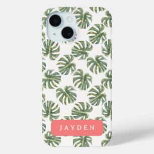 Hot Pink and Tropical Palm Leaf Custom Name iPhone 15 Case