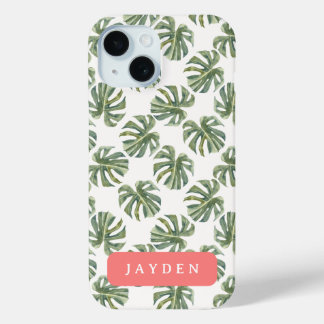 Hot Pink and Tropical Palm Leaf Custom Name iPhone 15 Case