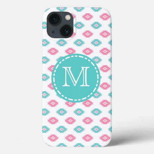 Hot Pink and Turqoise Geometric Aztec Monogrammed iPhone 13 Case