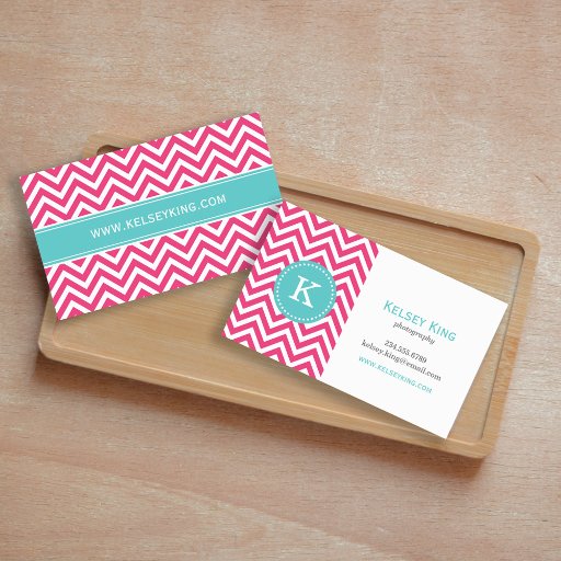 Customizable Hot Pink &amp; Turquoise Chevron Custom Monogram Business Cards