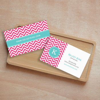 Hot Pink And Turquoise Chevron Monogram Business Card by jenniferstuartdesign at Zazzle