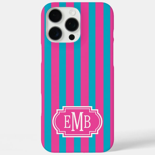 Hot Pink and Turquoise Monogrammed Stripes Case-Mate iPhone Case (Back)