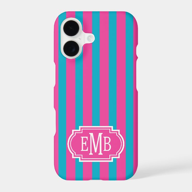 Hot Pink and Turquoise Monogrammed Stripes Case-Mate iPhone Case (Back)