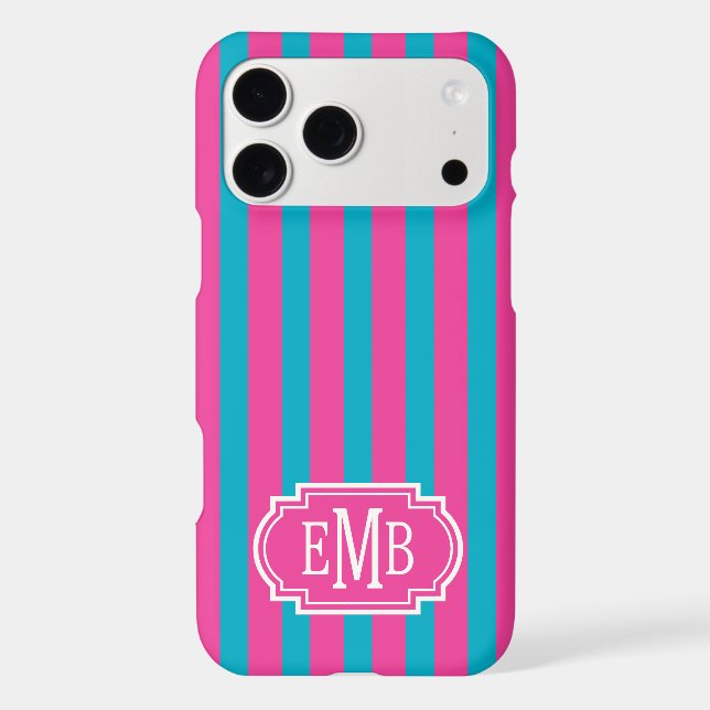 Hot Pink and Turquoise Monogrammed Stripes Case-Mate iPhone Case (Back)