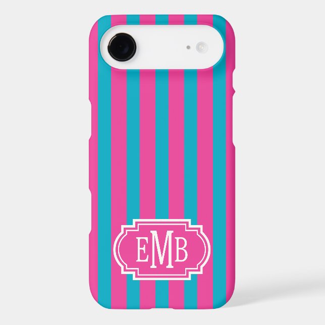 Hot Pink and Turquoise Monogrammed Stripes Case-Mate iPhone Case (Back)