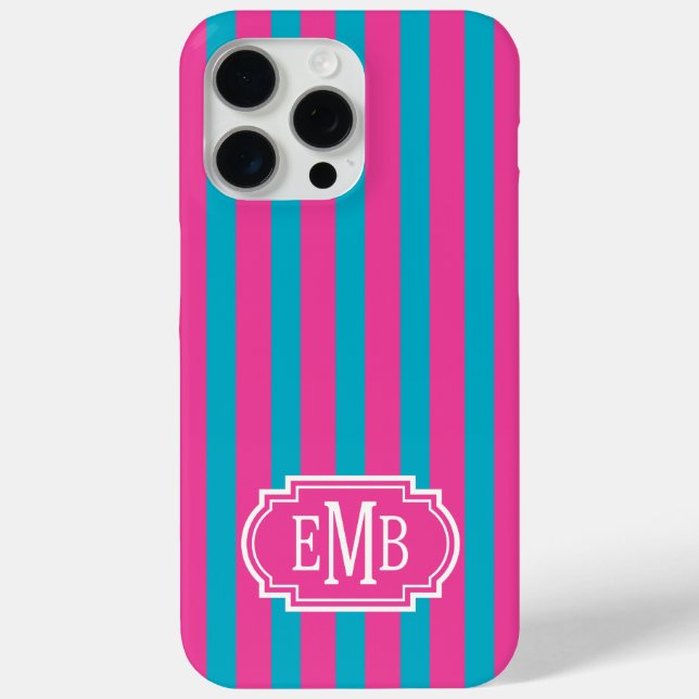 Hot Pink and Turquoise Monogrammed Stripes Case-Mate iPhone Case (Back)