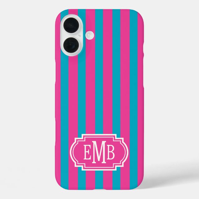 Hot Pink and Turquoise Monogrammed Stripes Case-Mate iPhone Case (Back)
