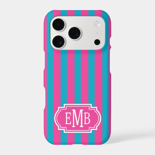 Hot Pink and Turquoise Monogrammed Stripes Case-Mate iPhone Case (Back)