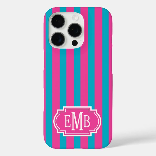 Hot Pink and Turquoise Monogrammed Stripes Case-Mate iPhone Case (Back)