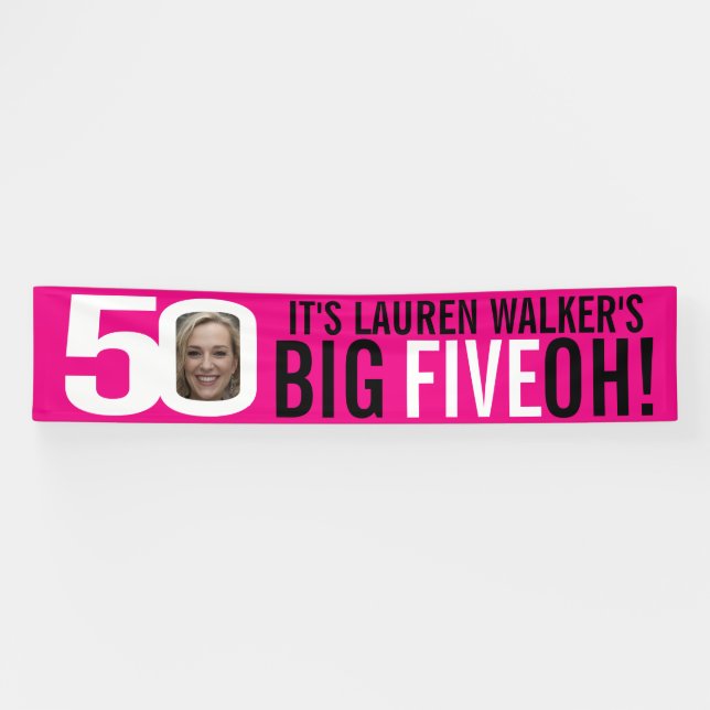 Hot pink and white 50th Birthday Banner (Horizontal)