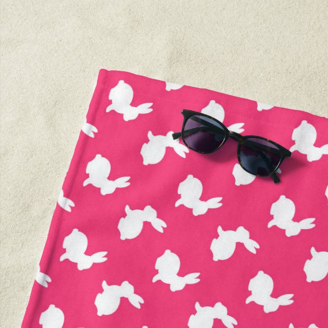 Hot Pink and White Bunny Rabbits Beach Towel (In Situ)