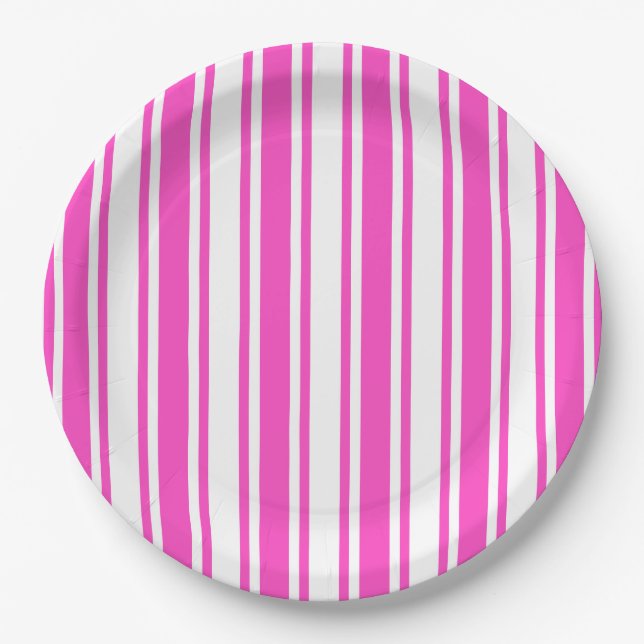 Hot pink and white candy stripes paper plates (Front)