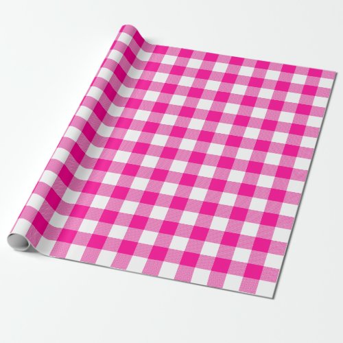 Hot Pink and White Check Plaid Large Pattern Wrapping Paper