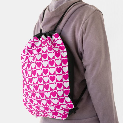 Hot Pink and White Checkerboard Heart Pattern Drawstring Bag