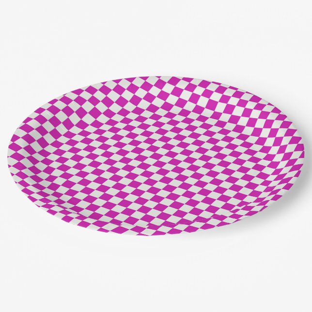 Hot Pink and White Checkered Paper Plates (Angled)