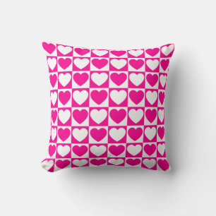 Hot Pink and White Checkered Pattern With Hearts Throw Pillow