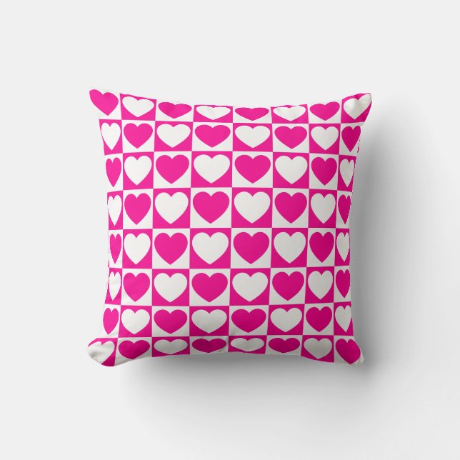 Hot Pink and White Checkered Pattern With Hearts Throw Pillow (Front)