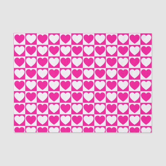 Hot Pink and White Checkered Pattern With Hearts Tissue Paper (Front)