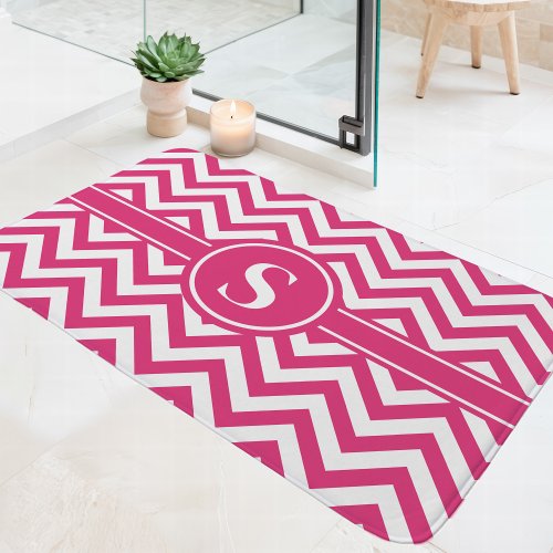 Hot Pink And White Chevron Monogram Bath Mat