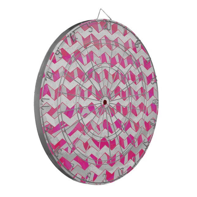 Hot Pink and White Chevron Zebra Dartboard With Darts (Front Left)