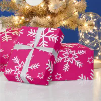 Hot Pink Winter Christmas Tree & Snowflakes Wrapping Paper