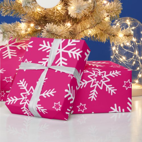 Hot Pink and White Christmas Snowflakes Wrapping Paper