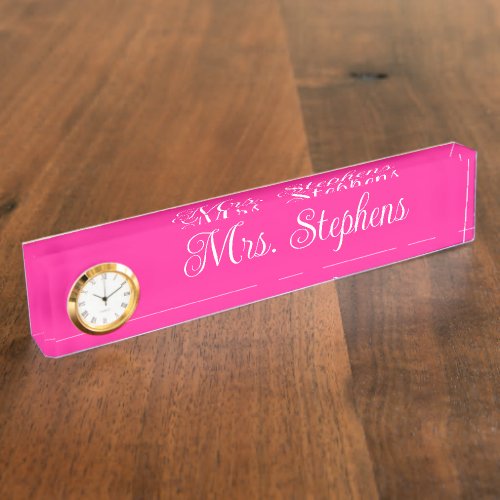 Hot Pink and White Curly Calligraphy Name Desk Name Plate
