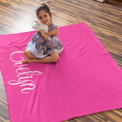 Hot Pink and White Curly Calligraphy Name Fleece Blanket