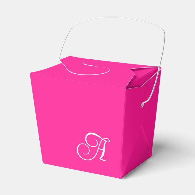 Hot Pink and White Curly Script Monogram Favor Boxes (Front Side)