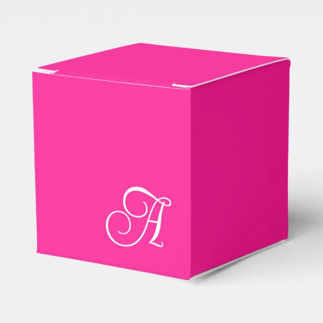 Hot Pink and White Curly Script Monogram Favor Boxes (Front Side)