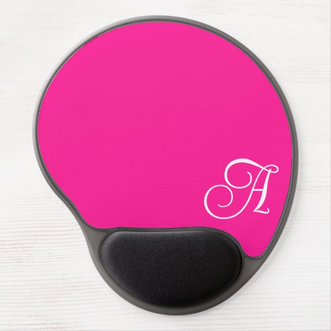 Hot Pink and White Curly Script Monogram Gel Mouse Pad (Front)