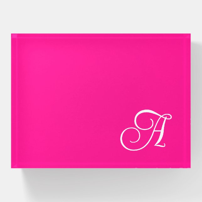 Hot Pink and White Curly Script Monogram Paperweight (Front)