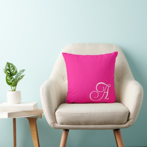 Hot Pink and White Curly Script Monogram Throw Pillow