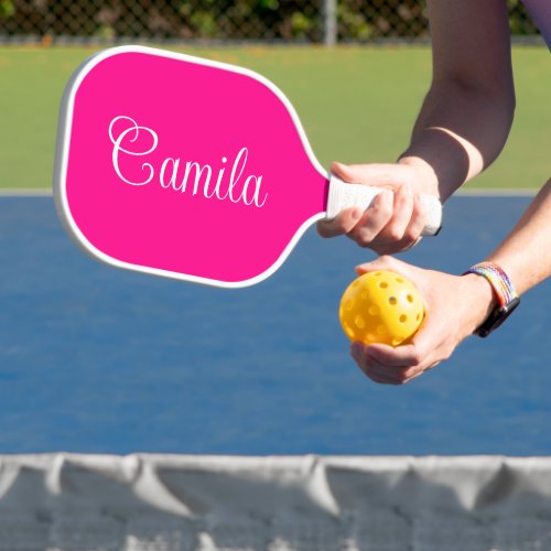 Hot Pink and White Curly Script Pickleball Paddle