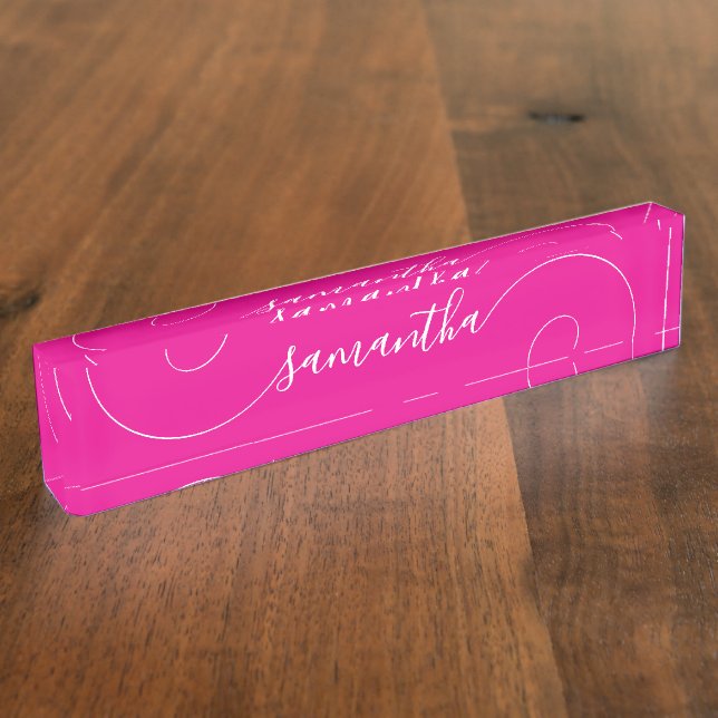 Hot Pink and White Curly Signature Desk Name Plate (Side)